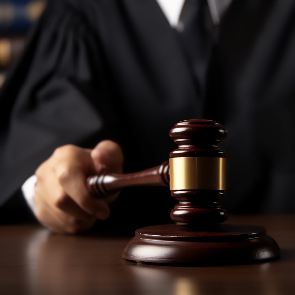 Judge holding a gavel in courtroom